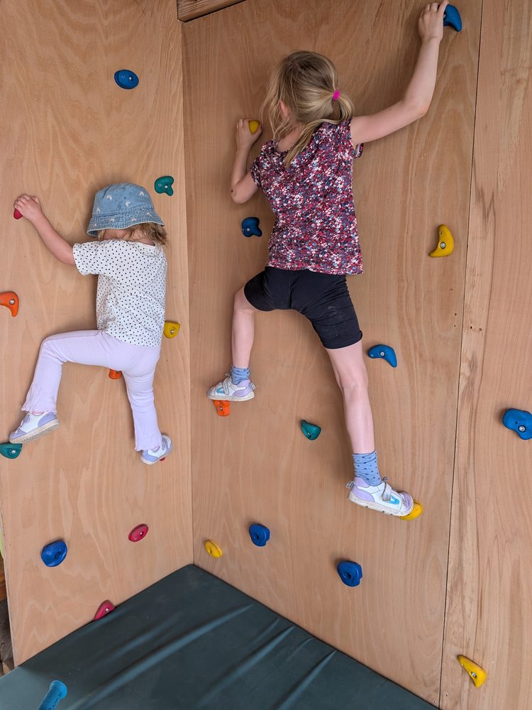 Two children climbing an indoor bouldering wall side by side, seen from behind