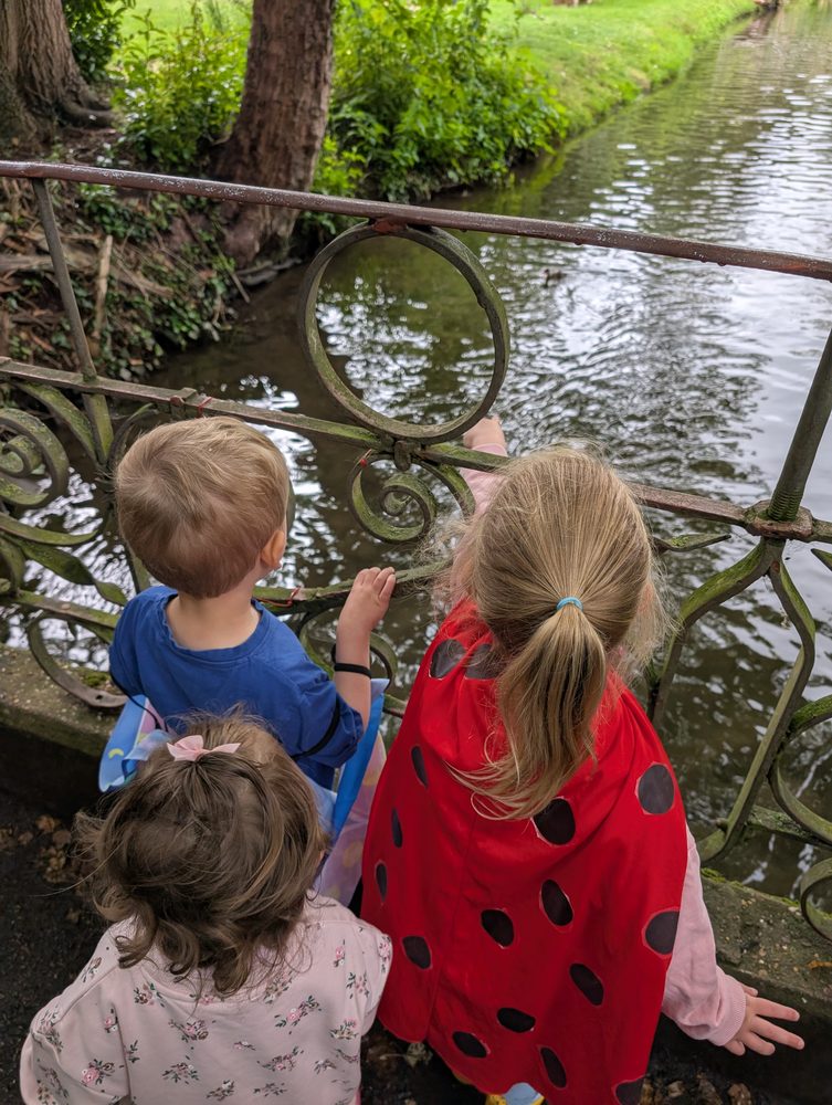 Three children in dressing-up capes leaning over a railing to watch a stream, seen from behind